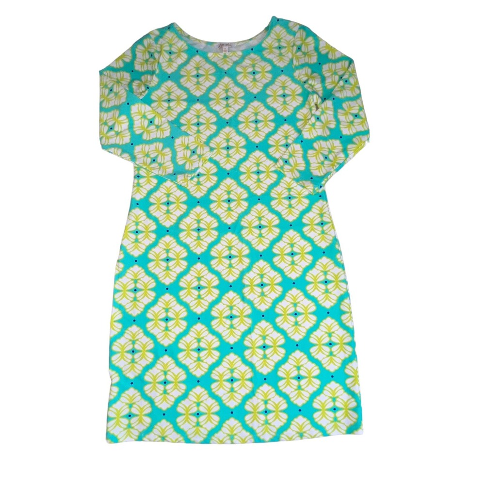 All For Color Womens Size M Shift Dress Turquoise Green Geometric 3/4 Sleeve